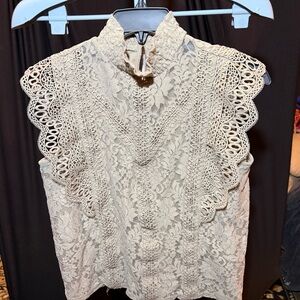 Cable & Gauge Lace High-Neck Blouse - Cream 0215